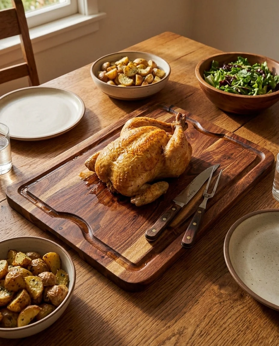 AI-generated acacia cutting board photography: sunday roast
