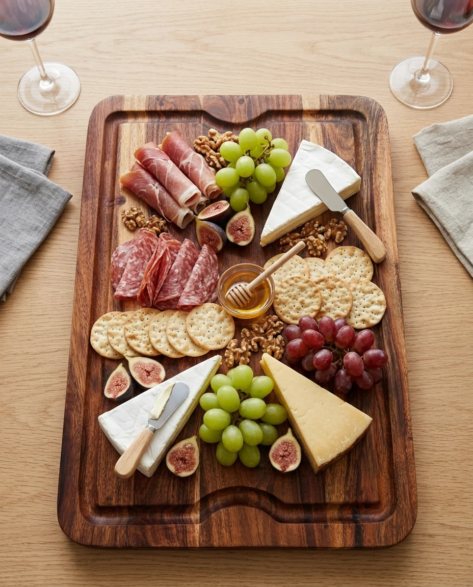 AI-generated acacia cutting board photography: grazing board from above