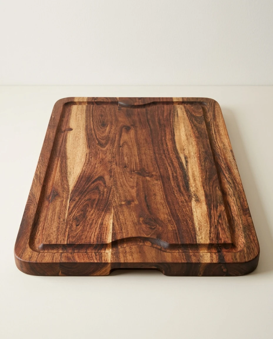 AI-generated acacia cutting board photography: daylight, plain wall
