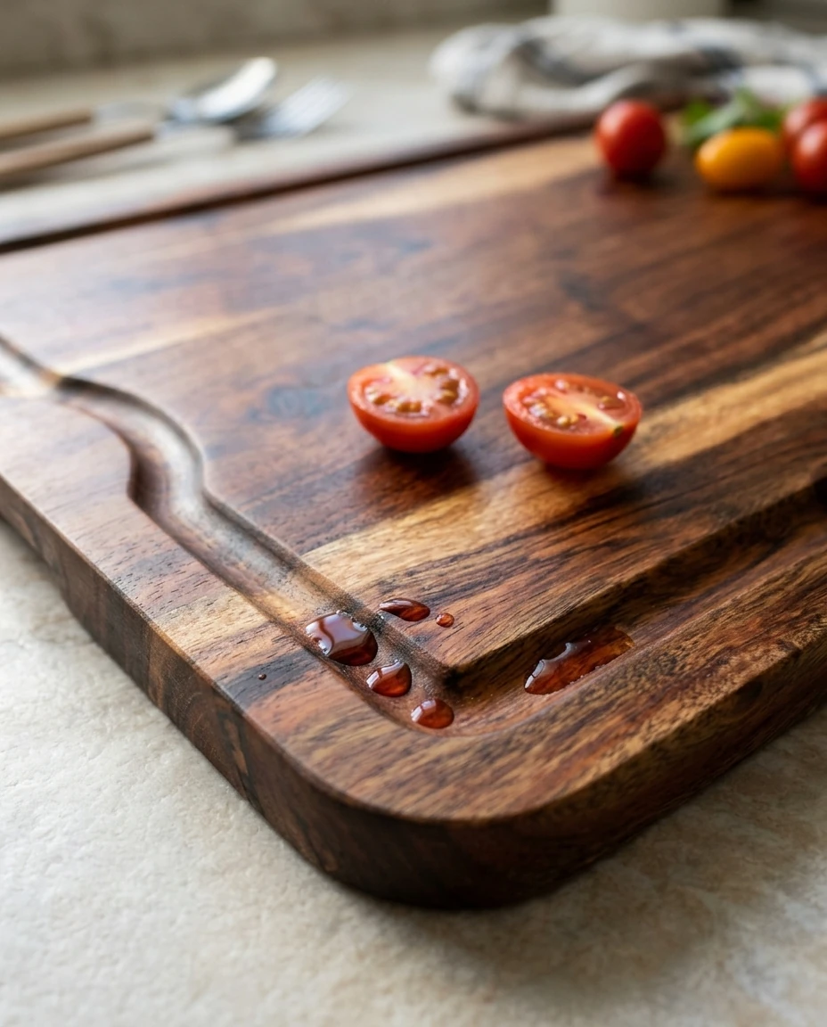 AI-generated acacia cutting board photography: juice groove close-up