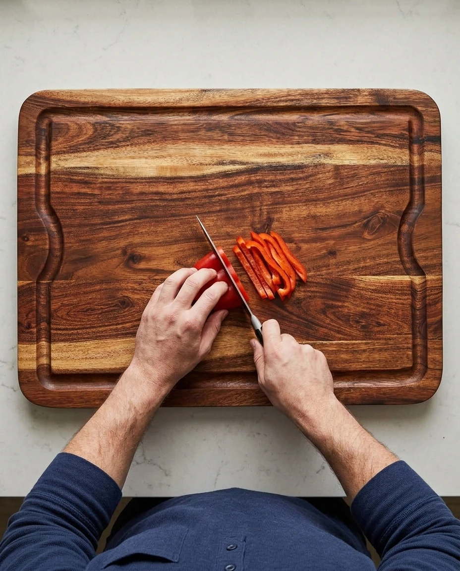 AI-generated acacia cutting board photography: slicing peppers