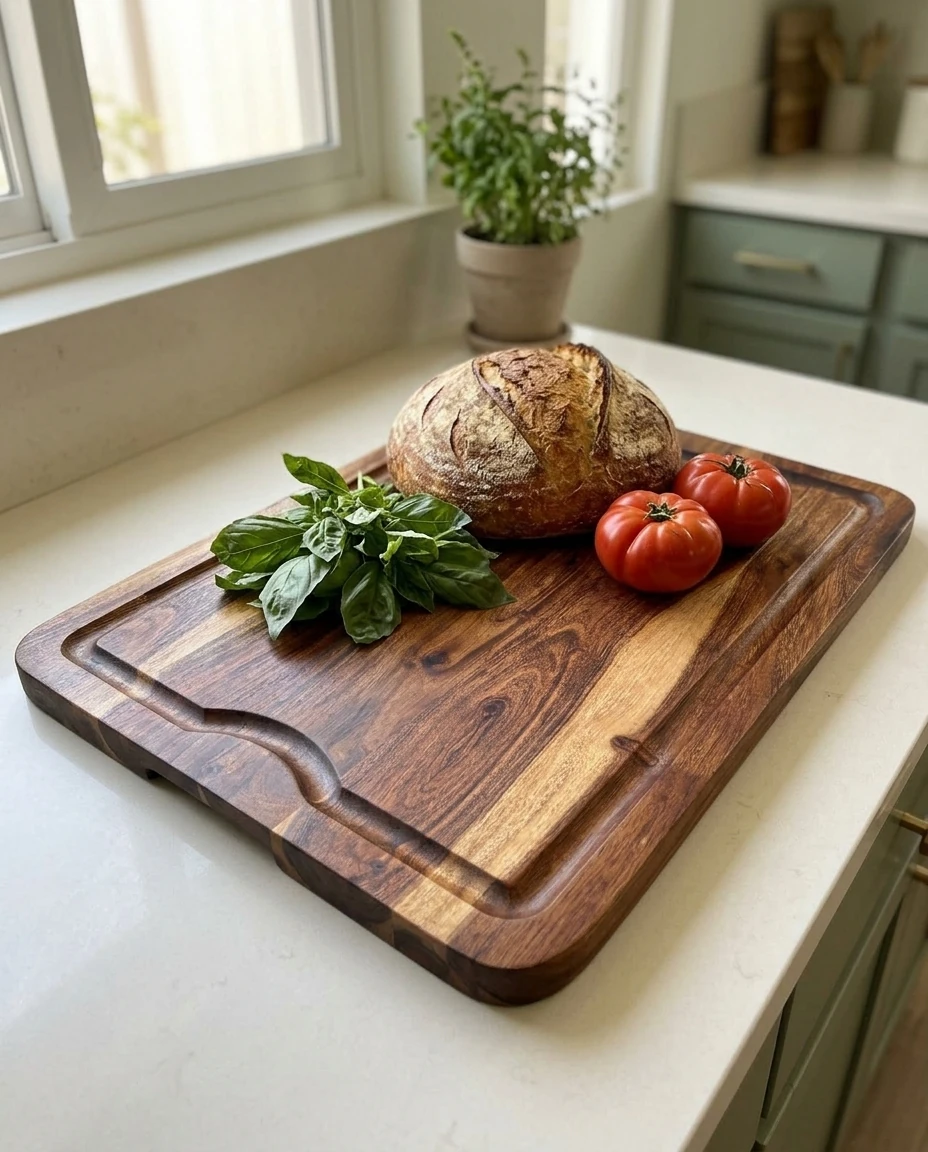 Acacia cutting board in an AI-generated setting