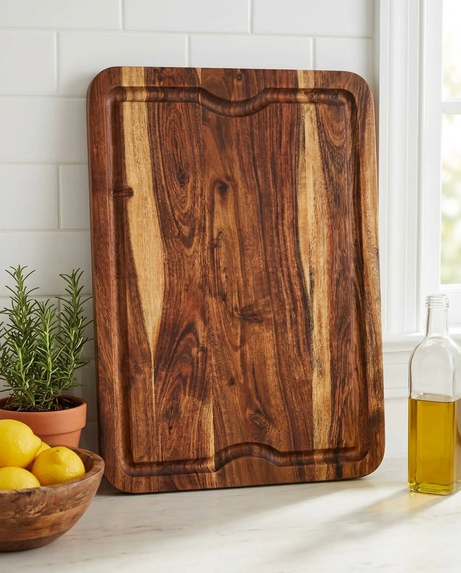 AI-generated acacia cutting board photography: against the backsplash