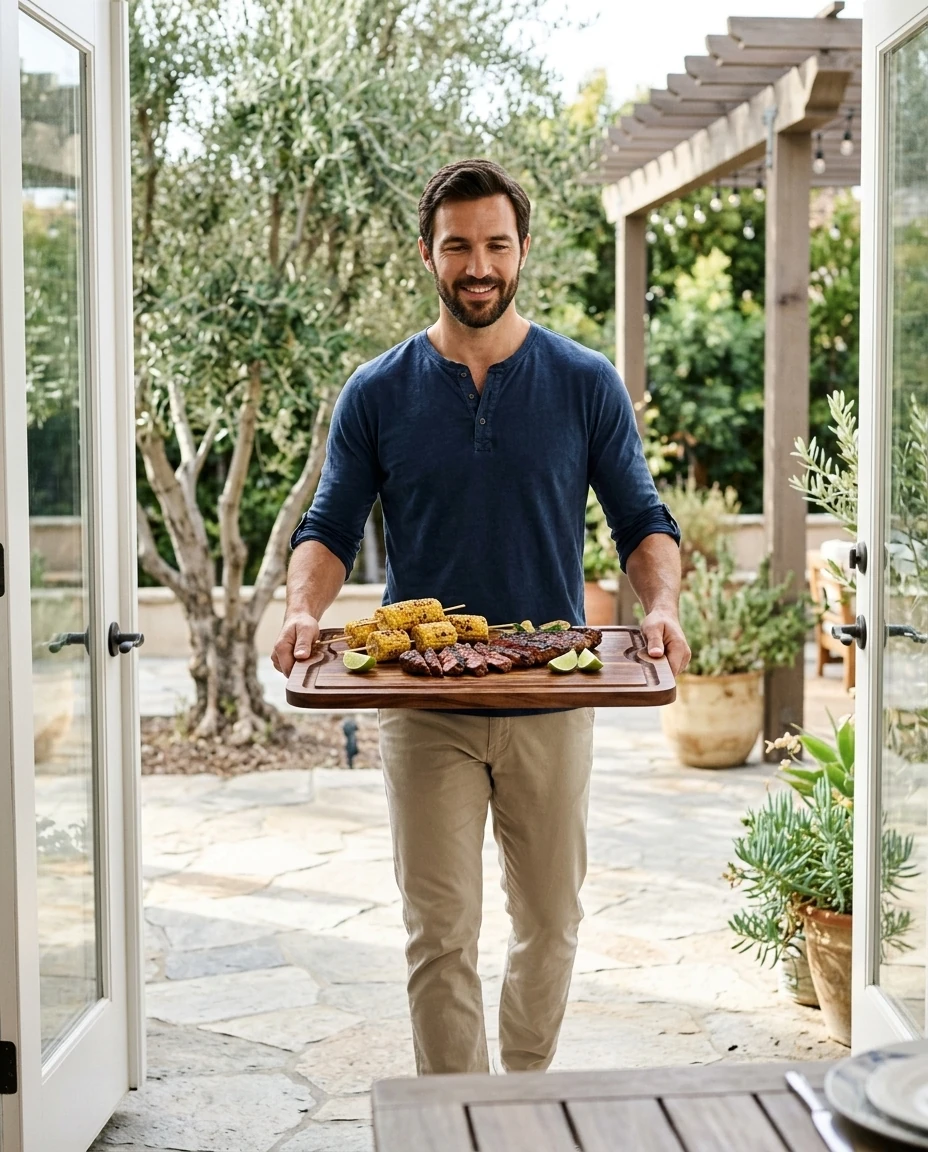 AI-generated acacia cutting board photography: out to the patio