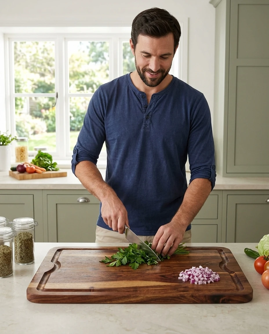 AI-generated acacia cutting board photography: chopping herbs