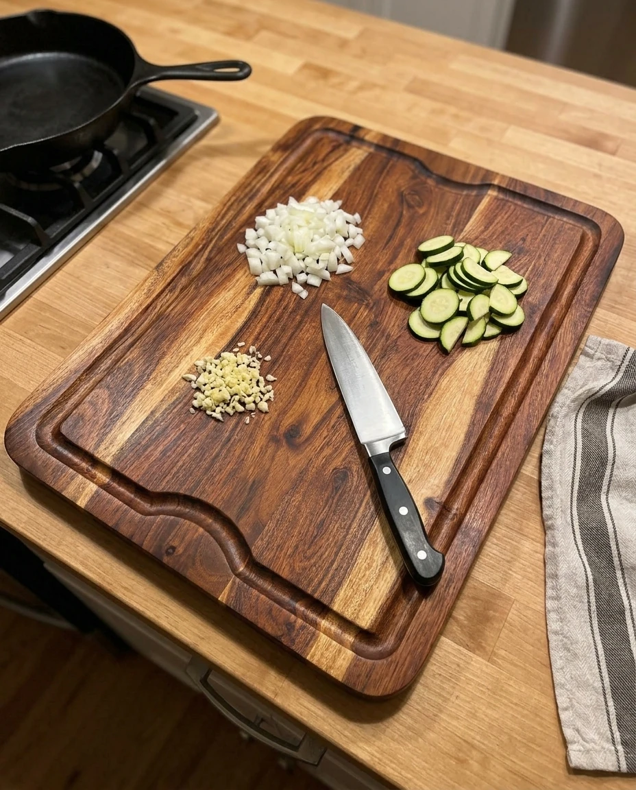 AI-generated acacia cutting board photography: weeknight prep
