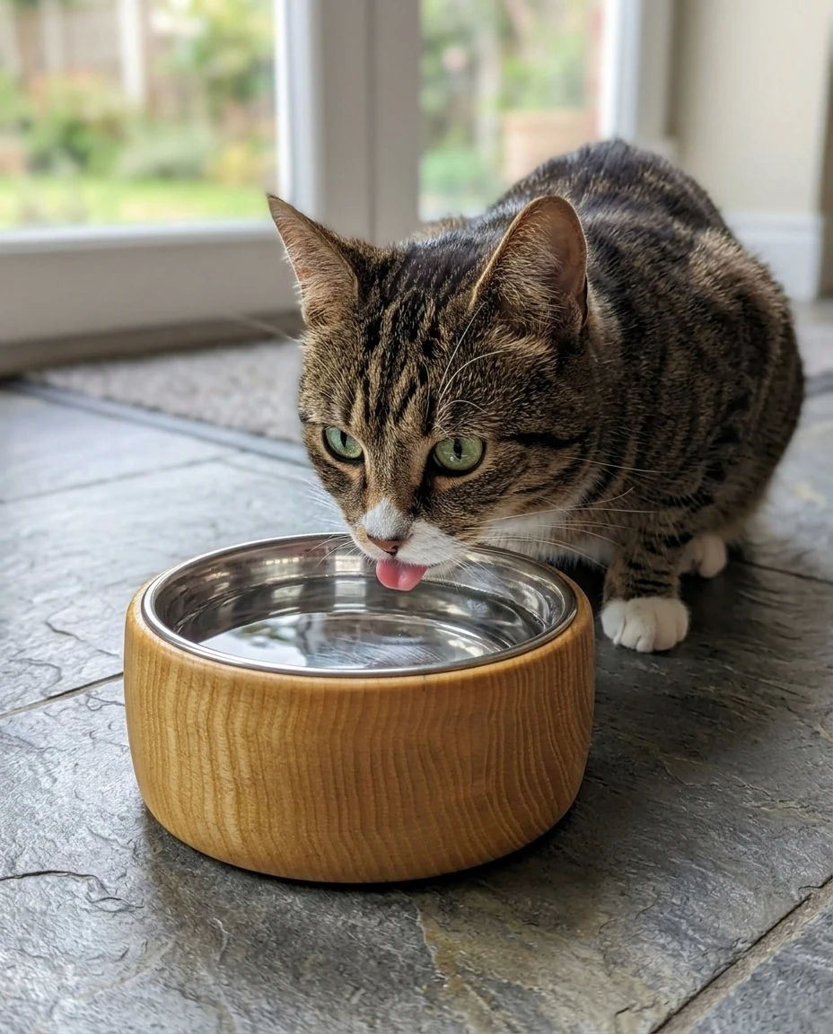 AI-generated ash cat bowl photography: fresh water by the door