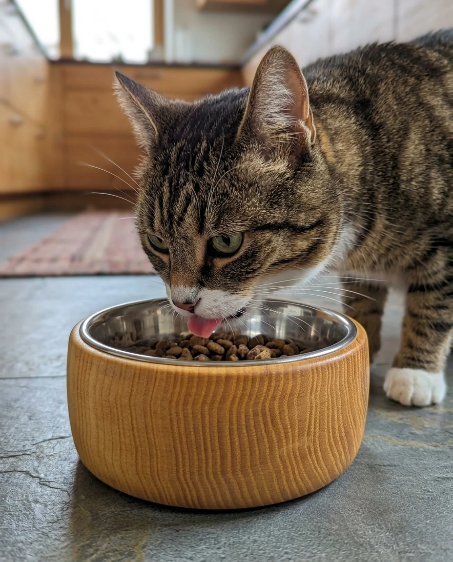 AI-generated ash cat bowl photography: close up at dinner