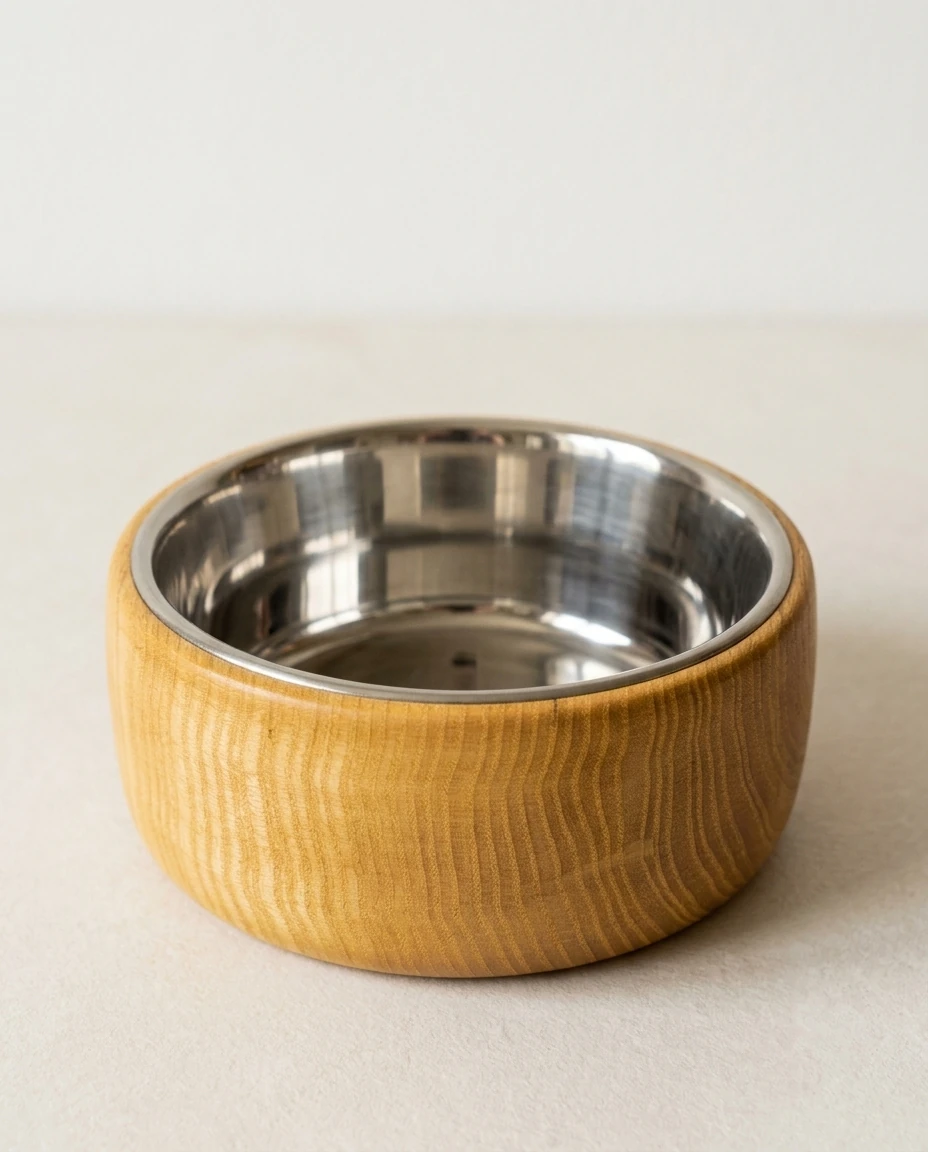 AI-generated ash cat bowl photography: daylight, plain wall