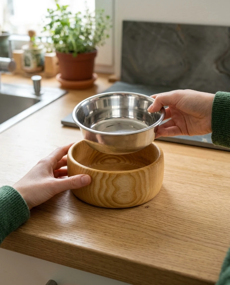 AI-generated ash cat bowl photography: removable steel bowl