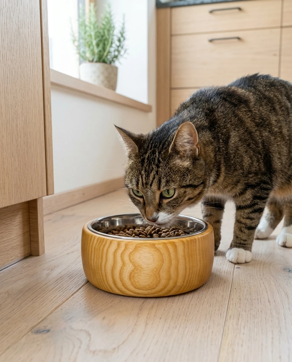 Ash cat bowl in an AI-generated setting