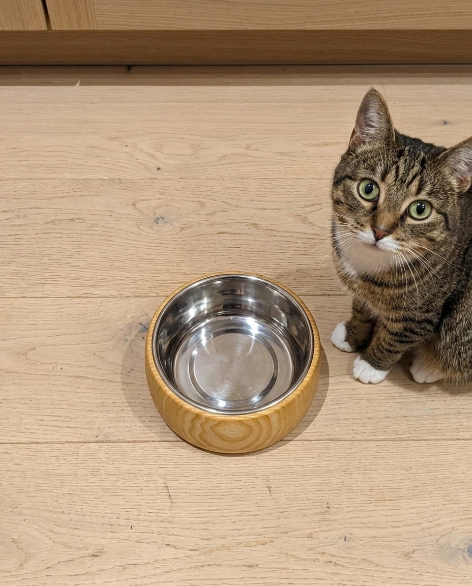 AI-generated ash cat bowl photography: waiting for dinner