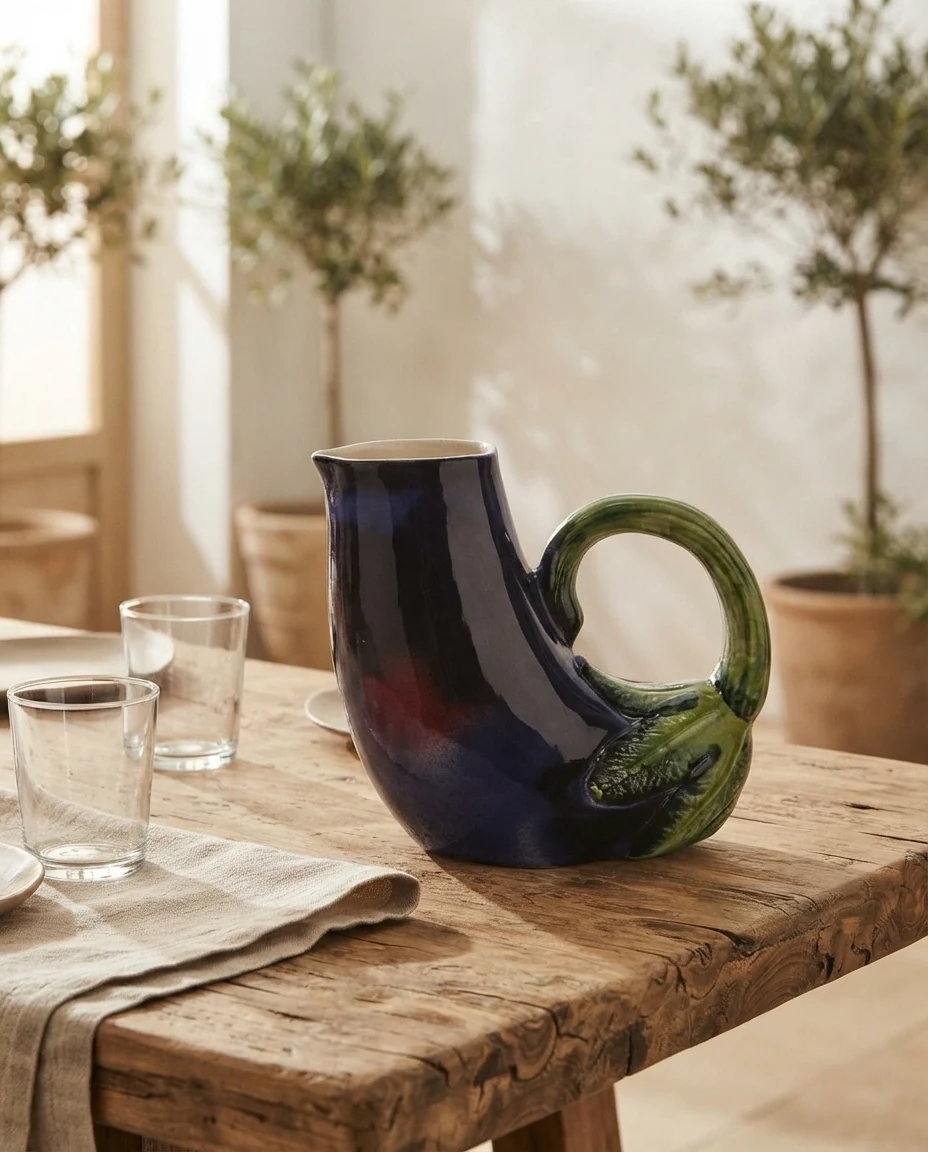 Aubergine ceramic jug in an AI-generated setting