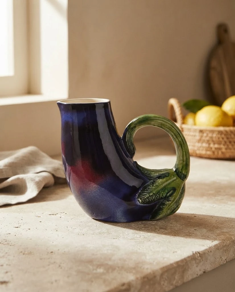 AI-generated aubergine ceramic jug photography: a place at home