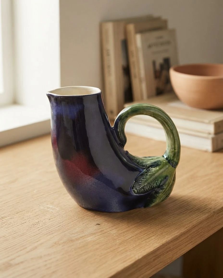 AI-generated aubergine ceramic jug photography: shelf setting