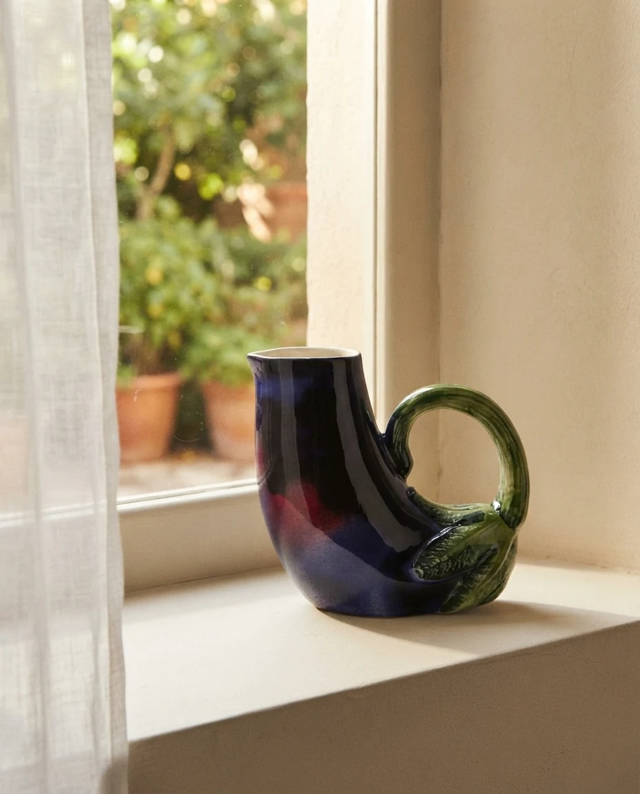 AI-generated aubergine ceramic jug photography: window light