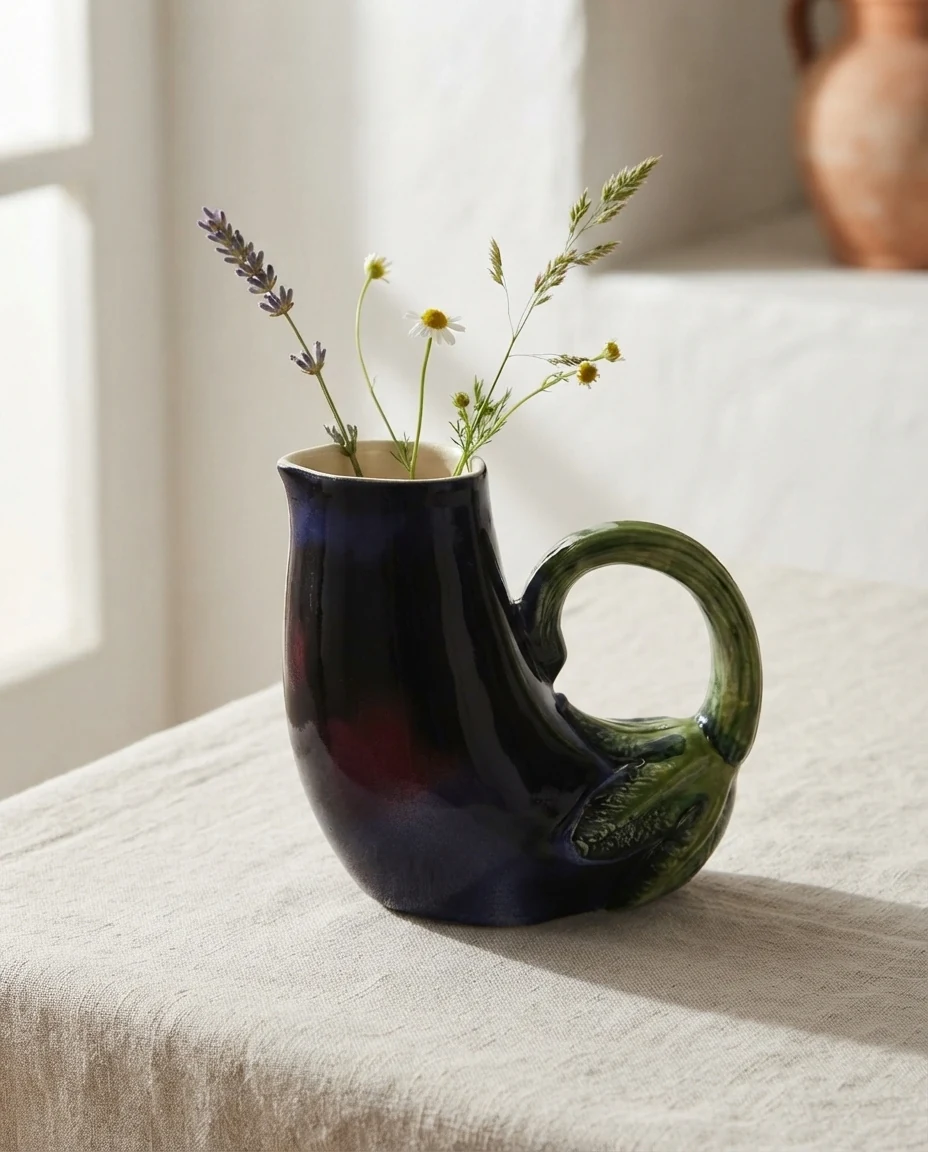 AI-generated aubergine ceramic jug photography: a few stems