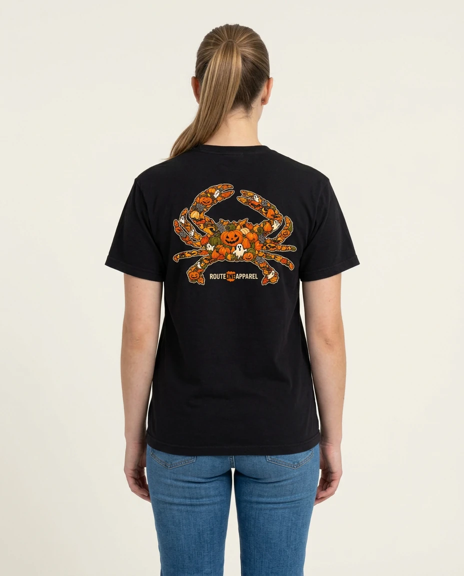 AI-generated autumn graphic t-shirt photography: studio back