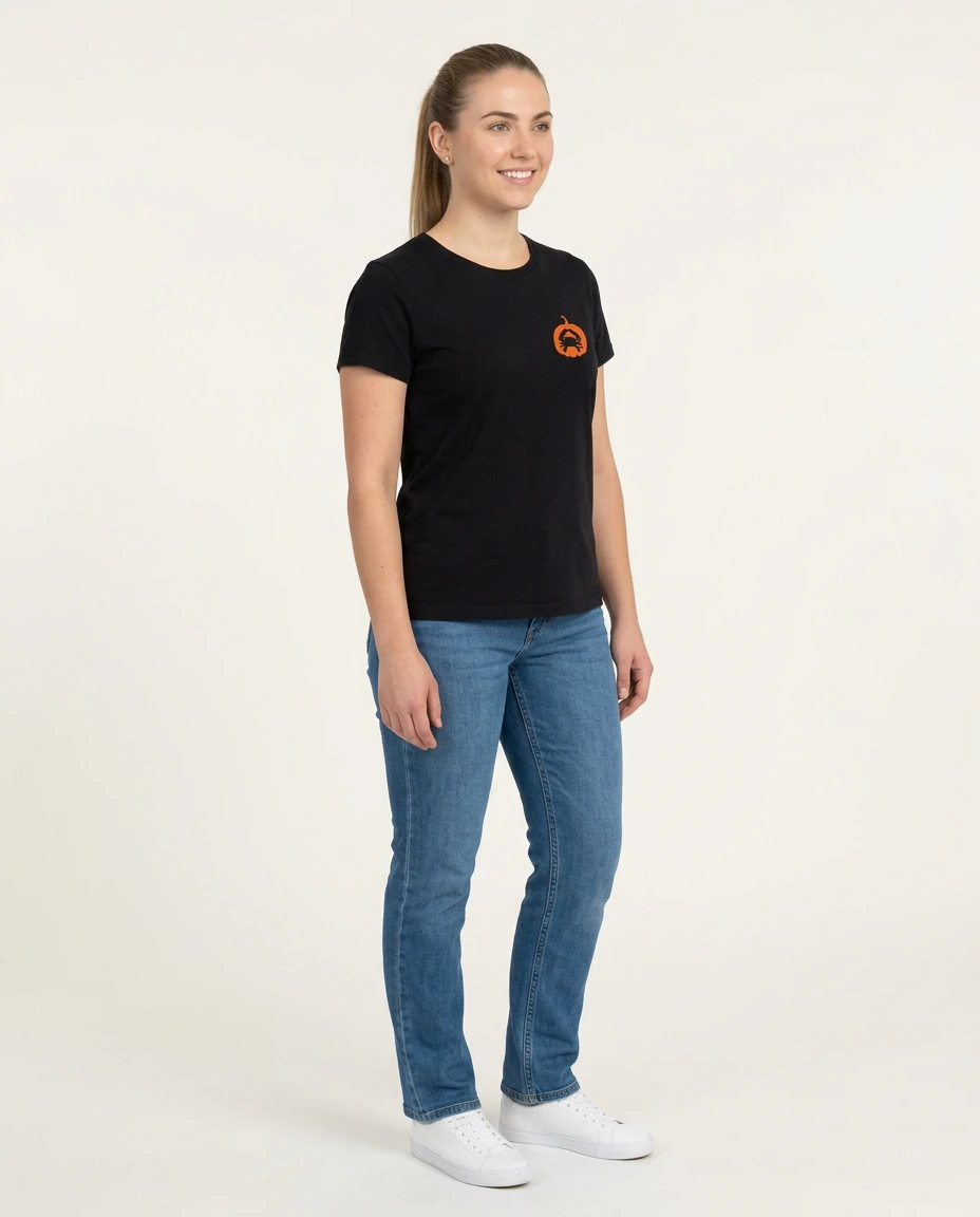 AI-generated autumn graphic t-shirt photography: three-quarter view