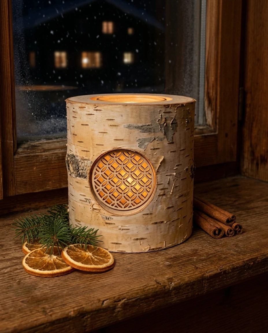 AI-generated birch-bark lantern photography: advent windowsill