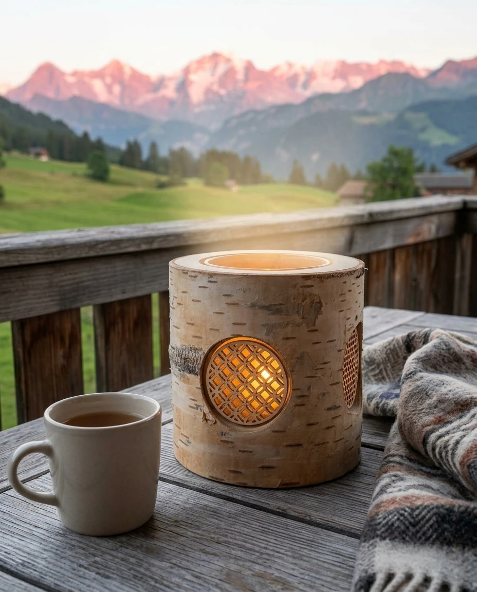 AI-generated birch-bark lantern photography: balcony at alpenglow