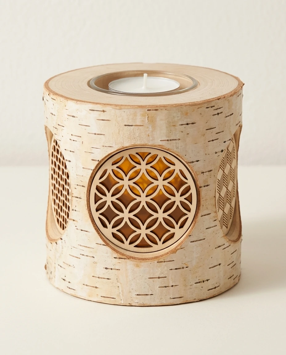 AI-generated birch-bark lantern photography: daylight, plain wall