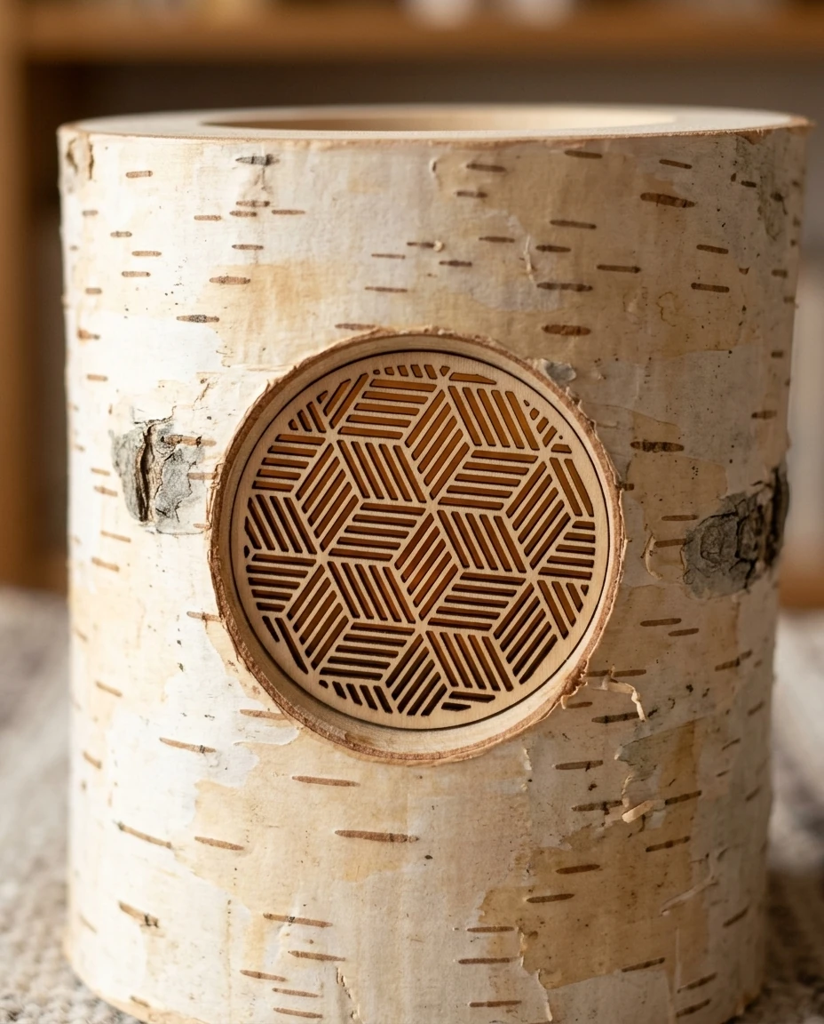 AI-generated birch-bark lantern photography: bark and cut pattern