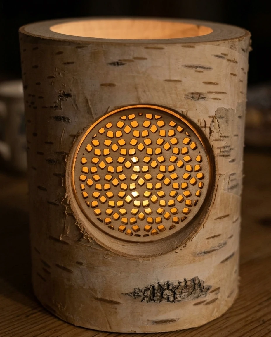 AI-generated birch-bark lantern photography: window glow