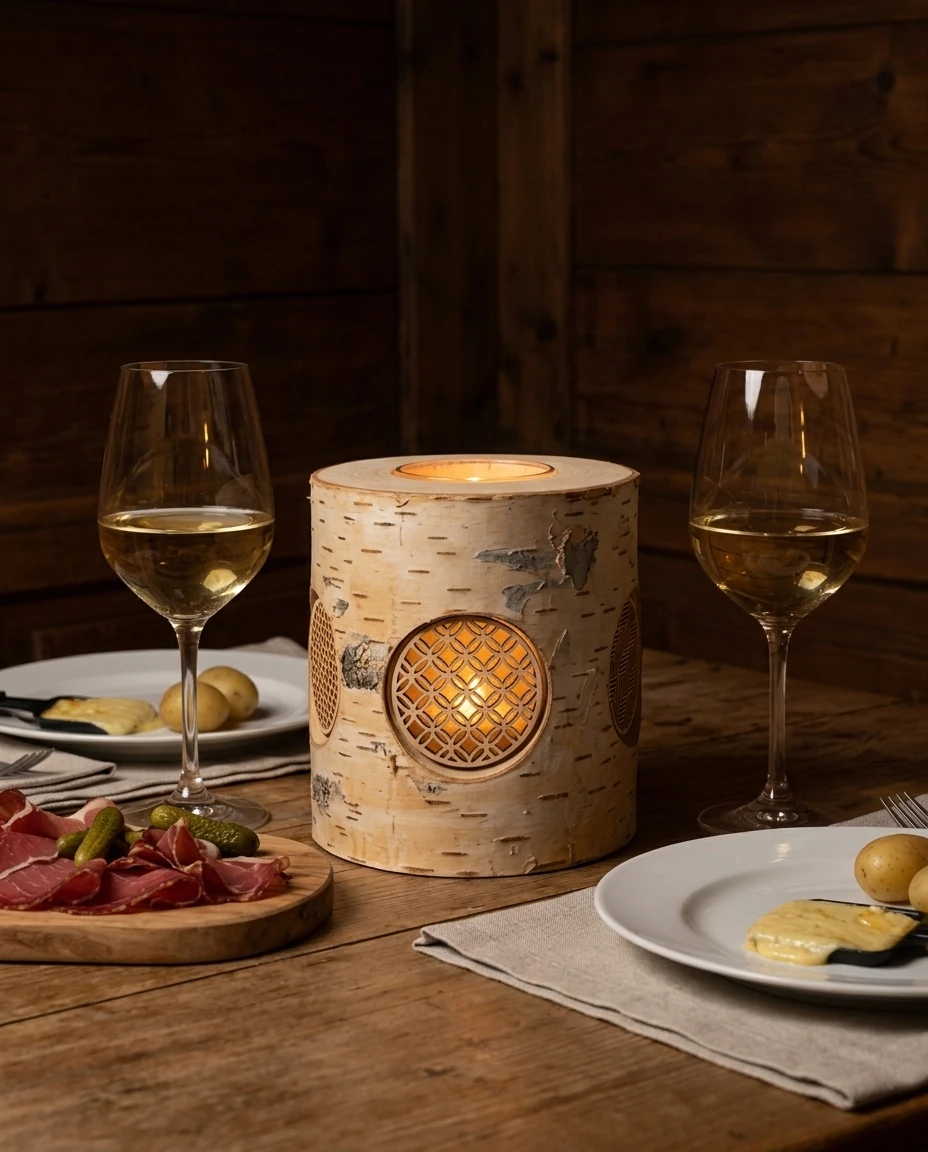 AI-generated birch-bark lantern photography: raclette for two