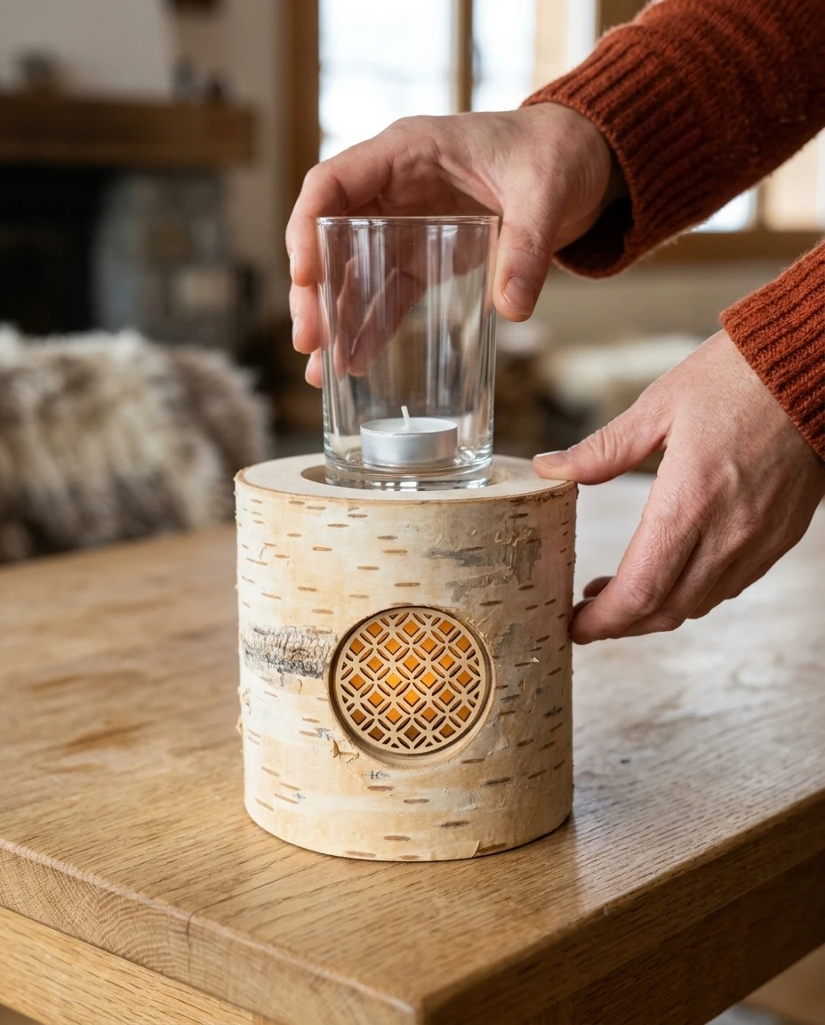 AI-generated birch-bark lantern photography: glass insert