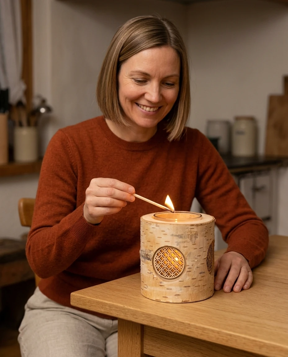 AI-generated birch-bark lantern photography: lighting the tealight