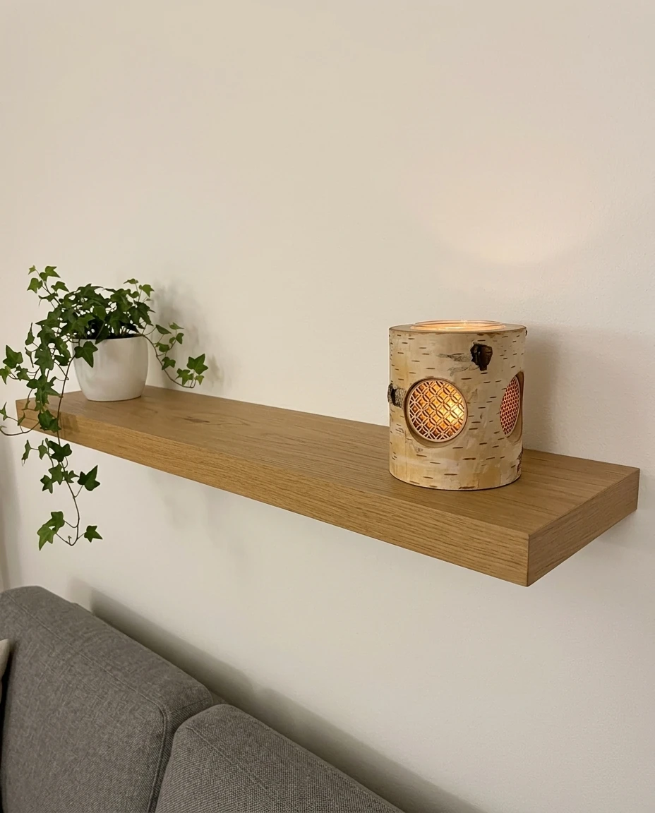 AI-generated birch-bark lantern photography: on the shelf