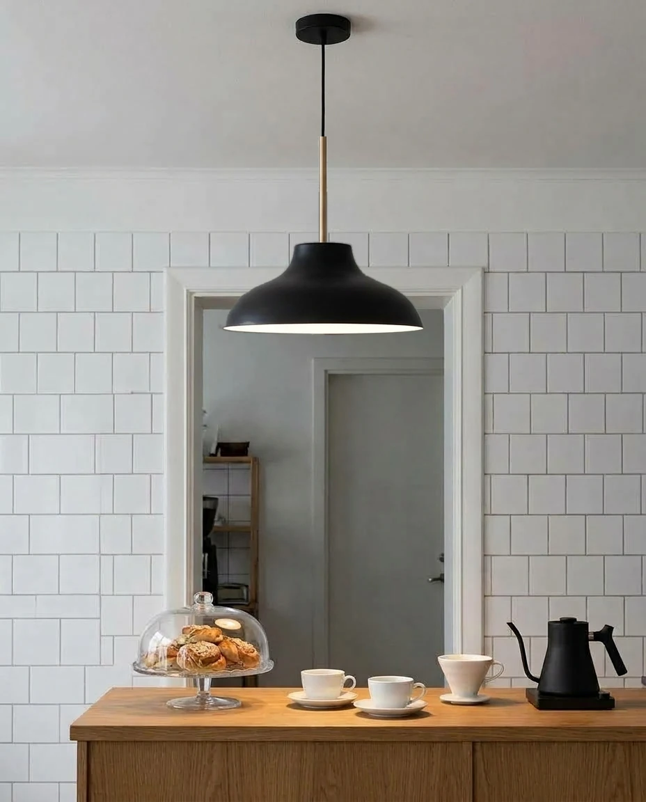 AI-generated black and brass pendant photography: café counter