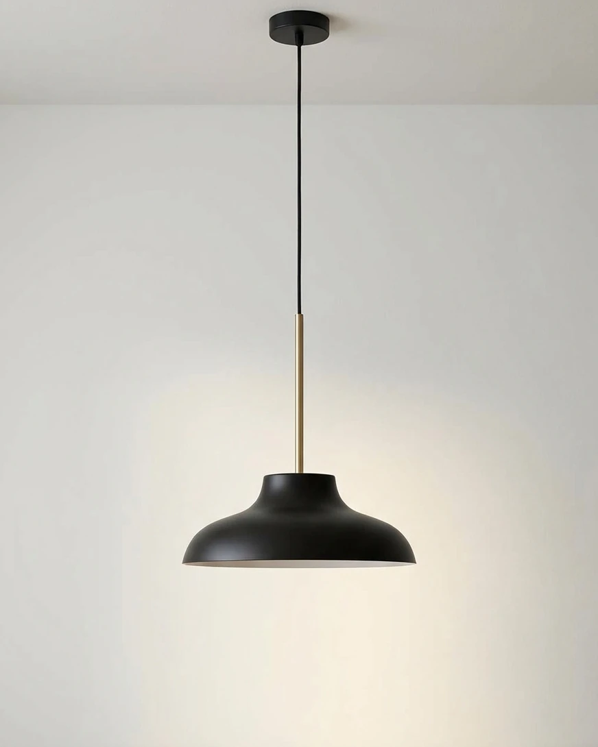 AI-generated black and brass pendant photography: daylight, plain wall