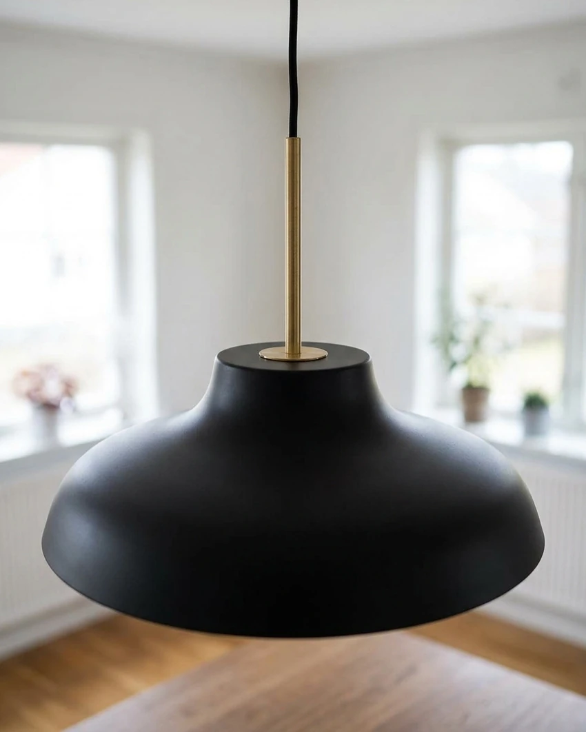 AI-generated black and brass pendant photography: brass rod and collar