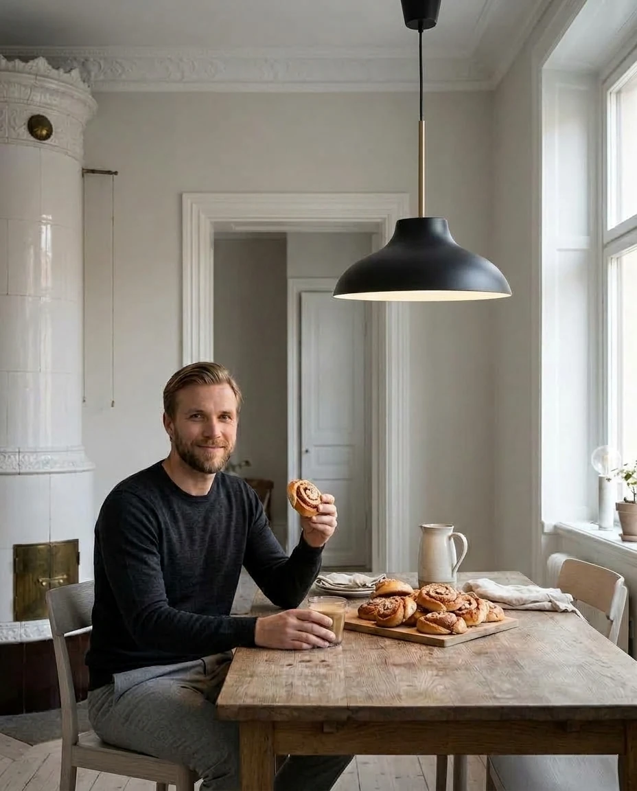 AI-generated black and brass pendant photography: coffee and cinnamon buns