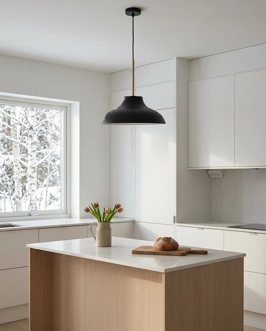 AI-generated black and brass pendant photography: over the kitchen island