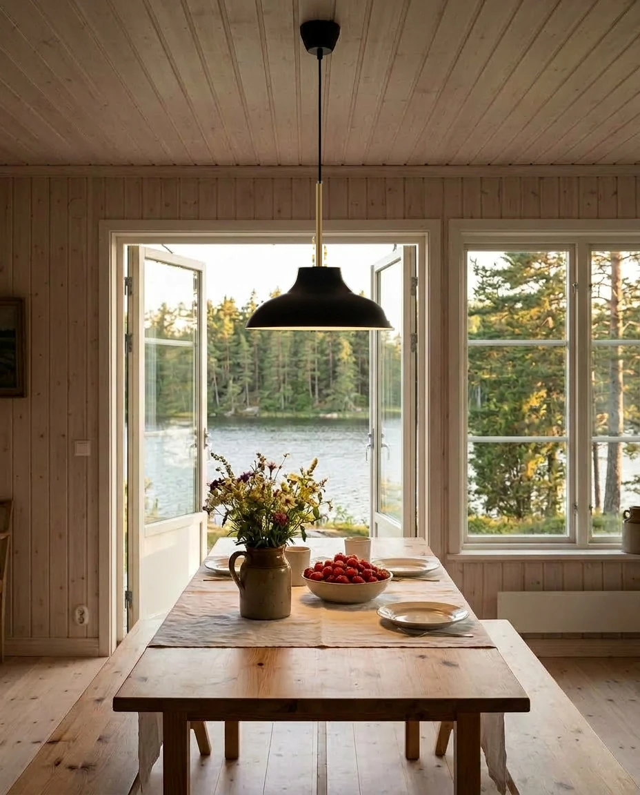 AI-generated black and brass pendant photography: midsummer by the lake