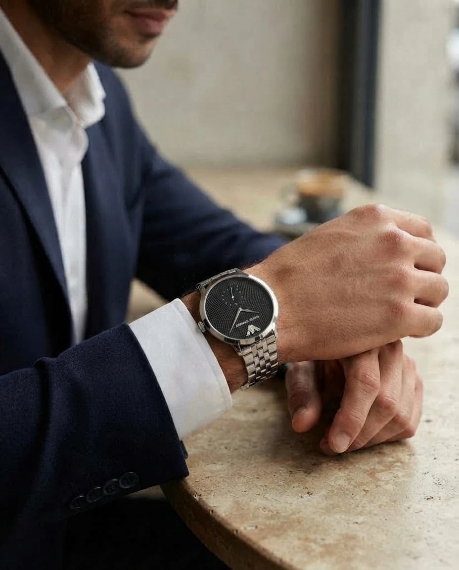 Black-dial steel watch — AI-generated café moment