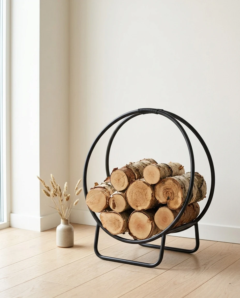 AI-generated black hoop log holder photography: daylight, plain wall