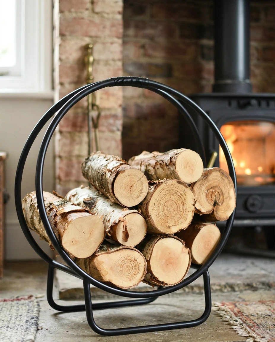 AI-generated black hoop log holder photography: logs in the hoops