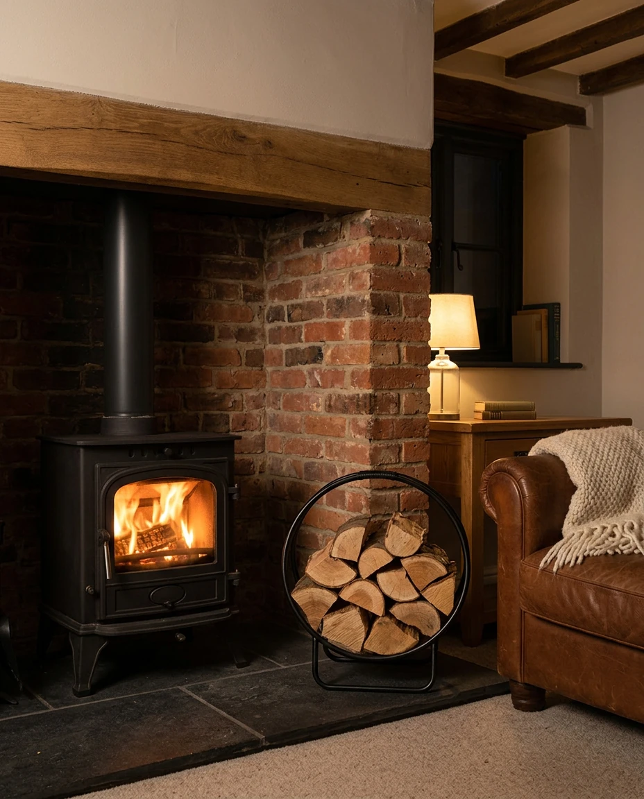 AI-generated black hoop log holder photography: evening by the fire