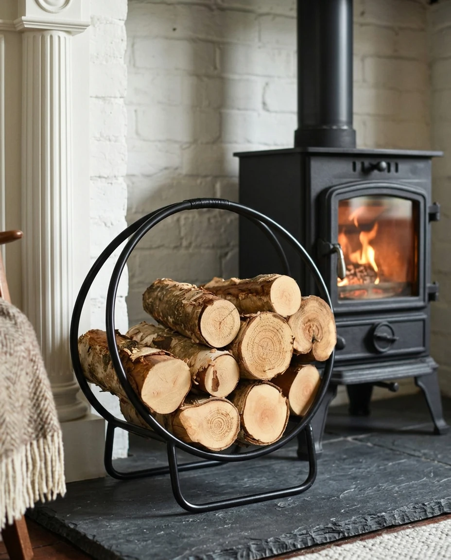 Black hoop log holder in an AI-generated setting