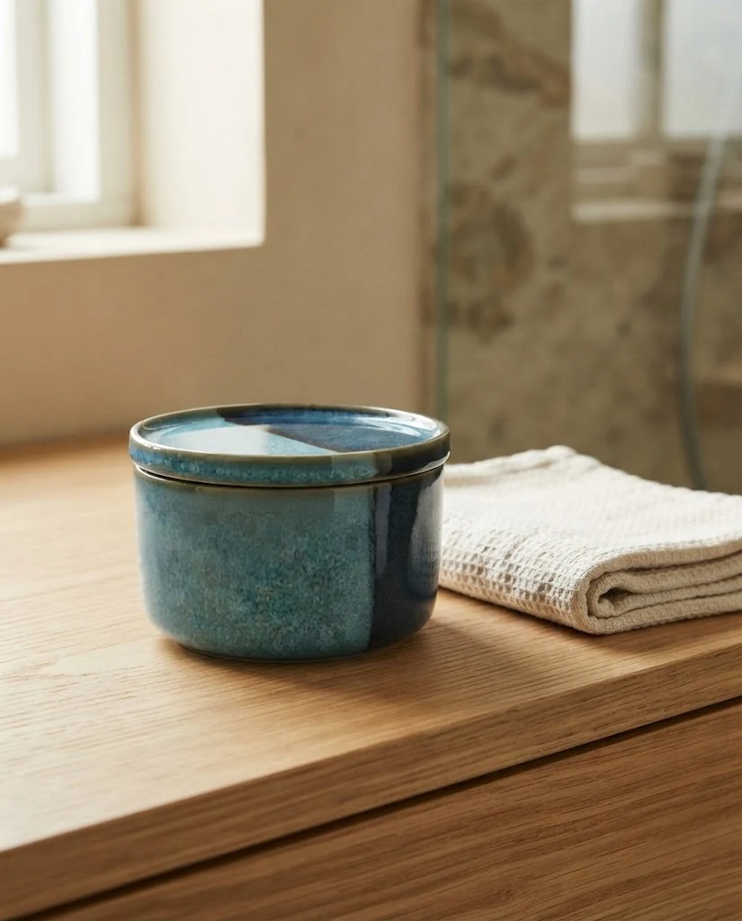 Blue glaze storage jar in an AI-generated setting