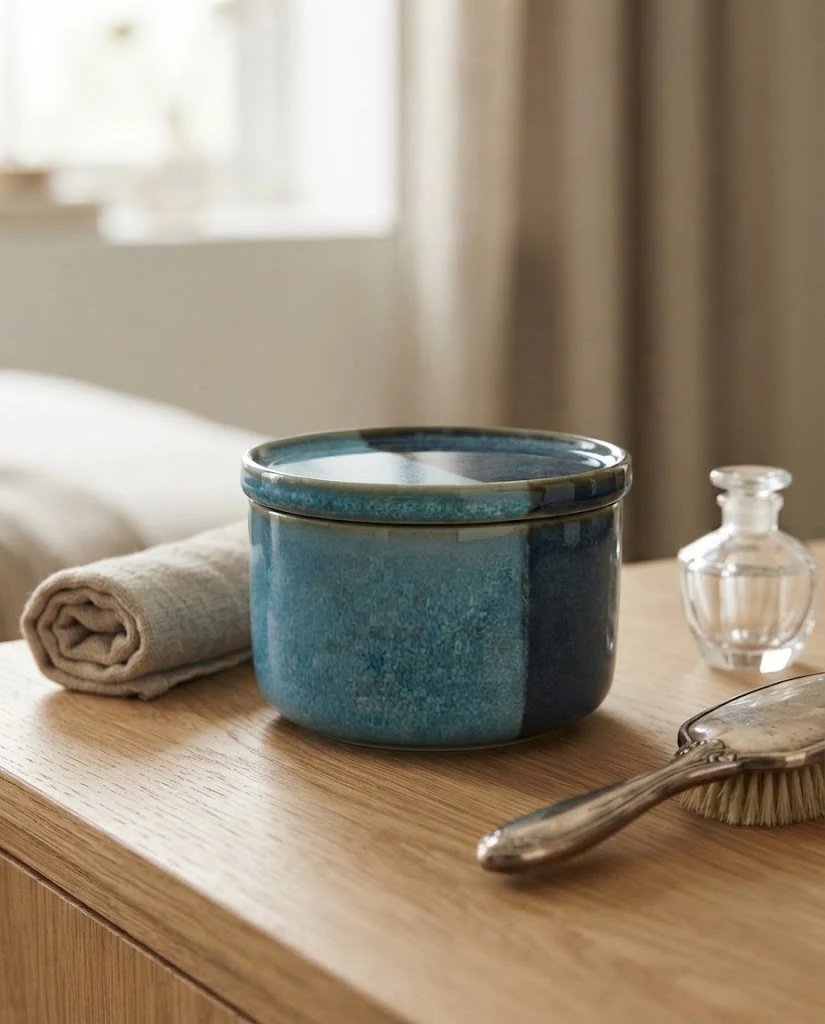 AI-generated blue glaze storage jar photography: dressing table