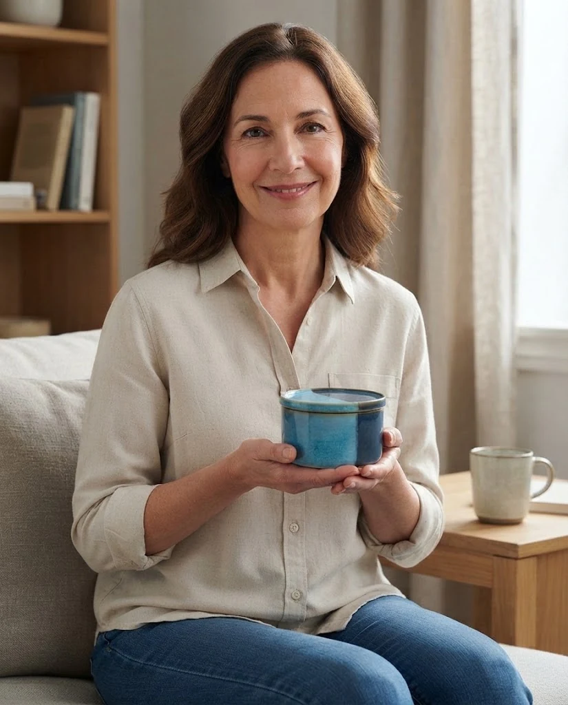 AI-generated blue glaze storage jar photography: held jar