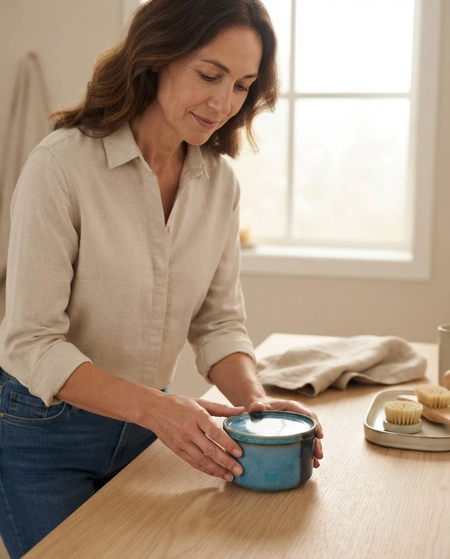 AI-generated blue glaze storage jar photography: placing jar