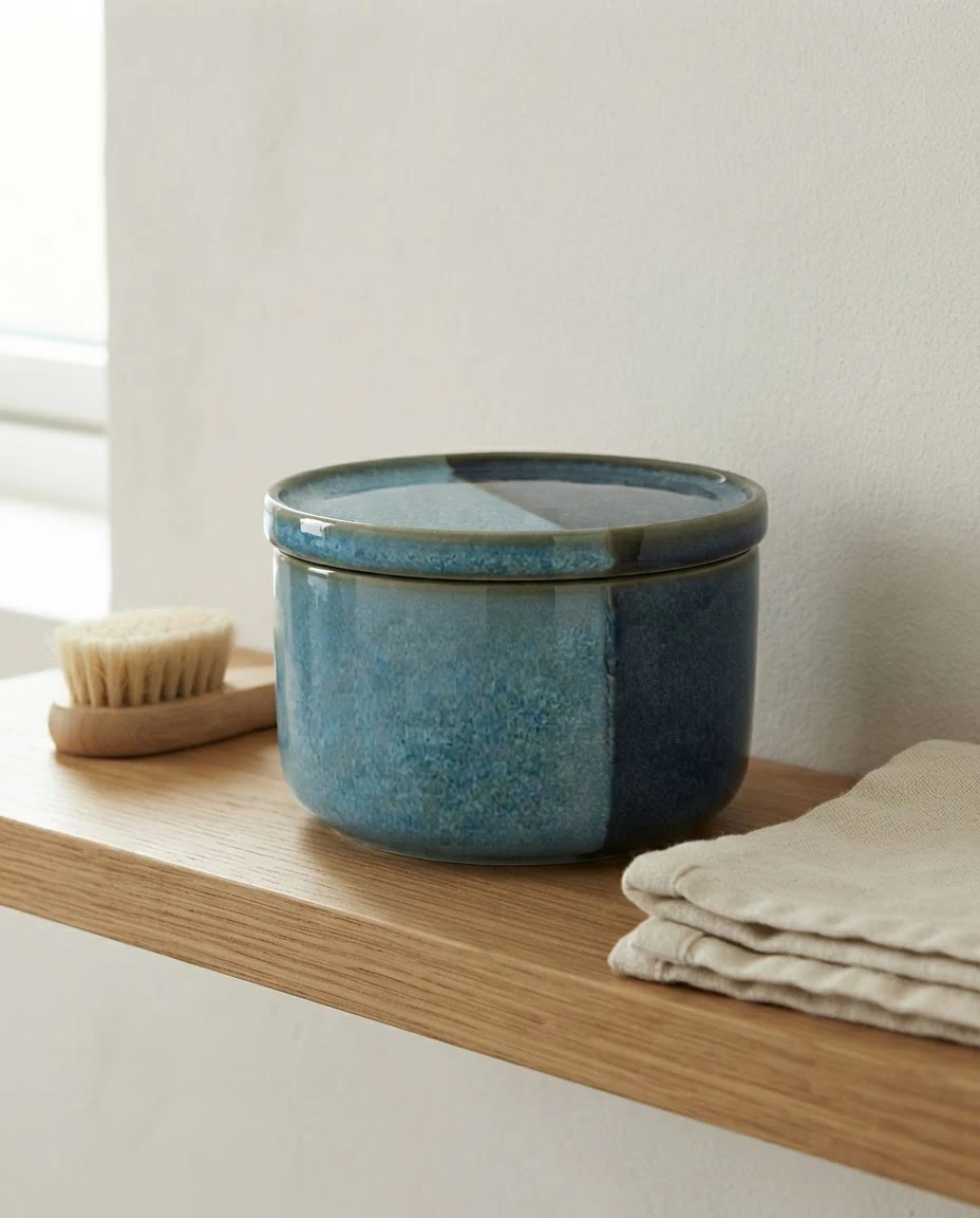 AI-generated blue glaze storage jar photography: shelf