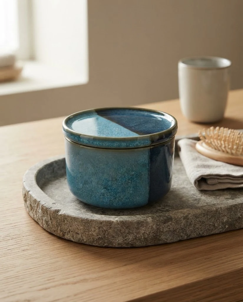 AI-generated blue glaze storage jar photography: tray still life