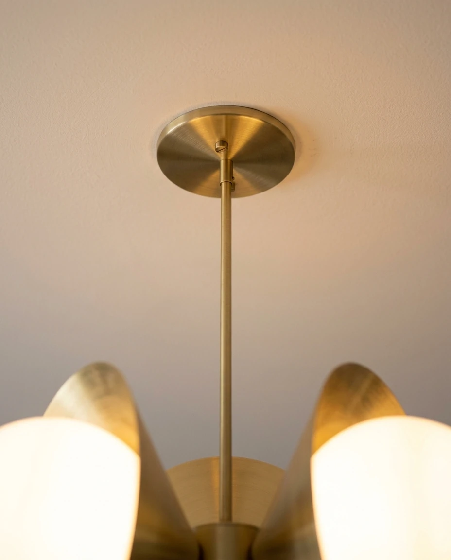 AI-generated brass cone chandelier photography: canopy and drop rod